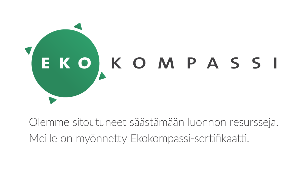 Ekokompassi - Olemme sitoutuneet säästämään luonnon resursseja. Meille on myönnetty Ekokompassi-sertifikaatti.