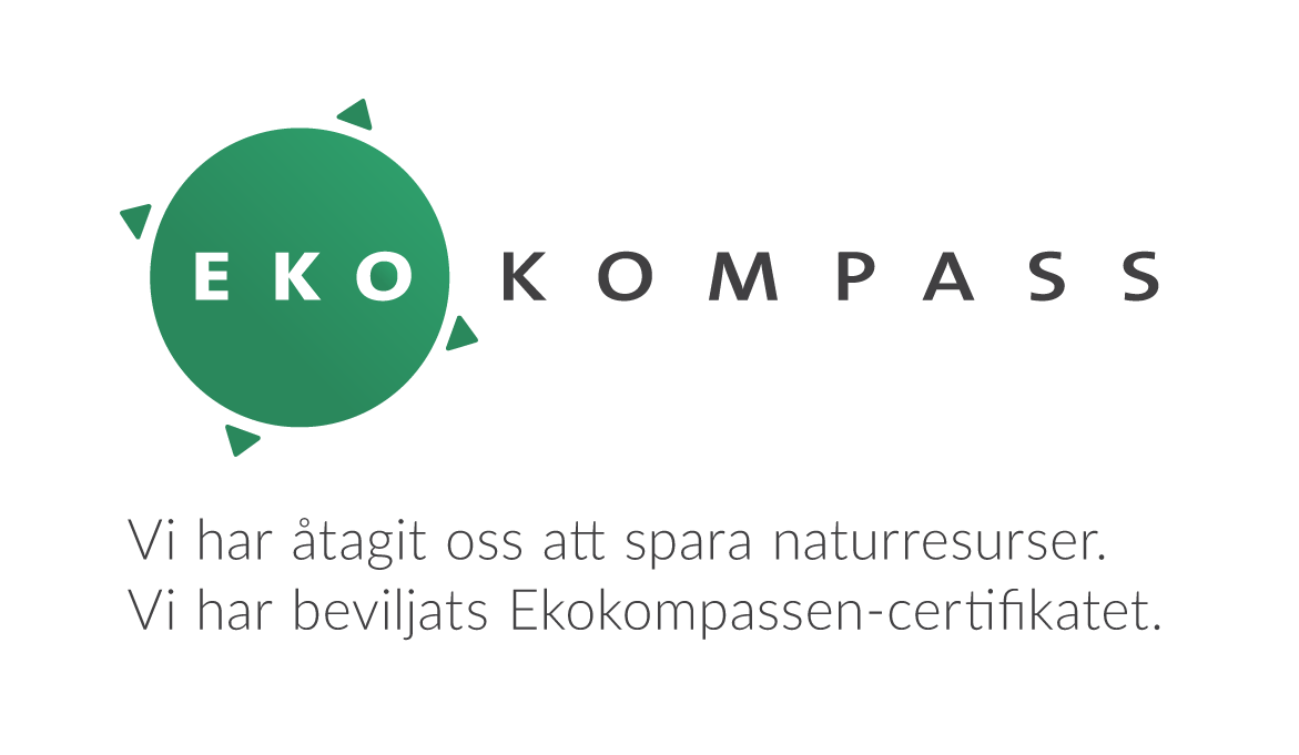 Ekokompassi - Olemme sitoutuneet säästämään luonnon resursseja. Meille on myönnetty Ekokompassi-sertifikaatti.